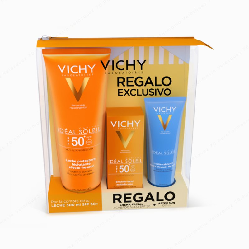 VICHY Ideal Soleil Leche hidratante SPF 50+ 300 ml - REGALO Crema Facial Acabado Seco SPF 50 50 ml + After Sun 100 ml